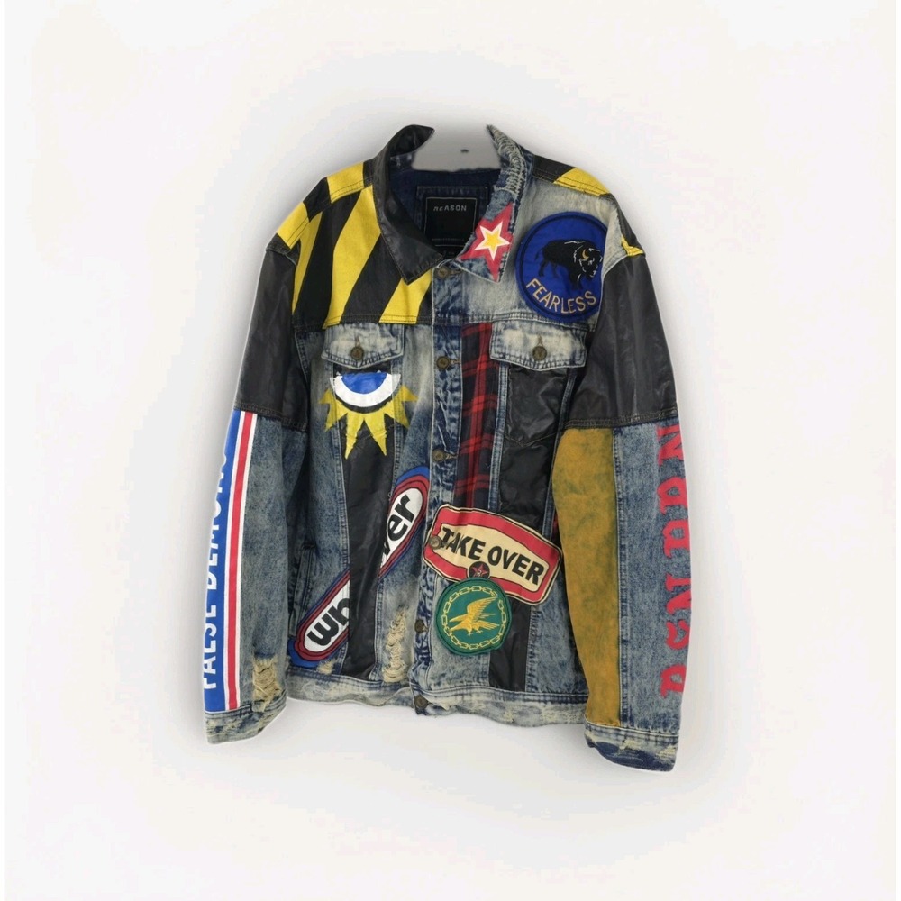Reason Premium Denim Distressed Patch Jacket Size XXXL